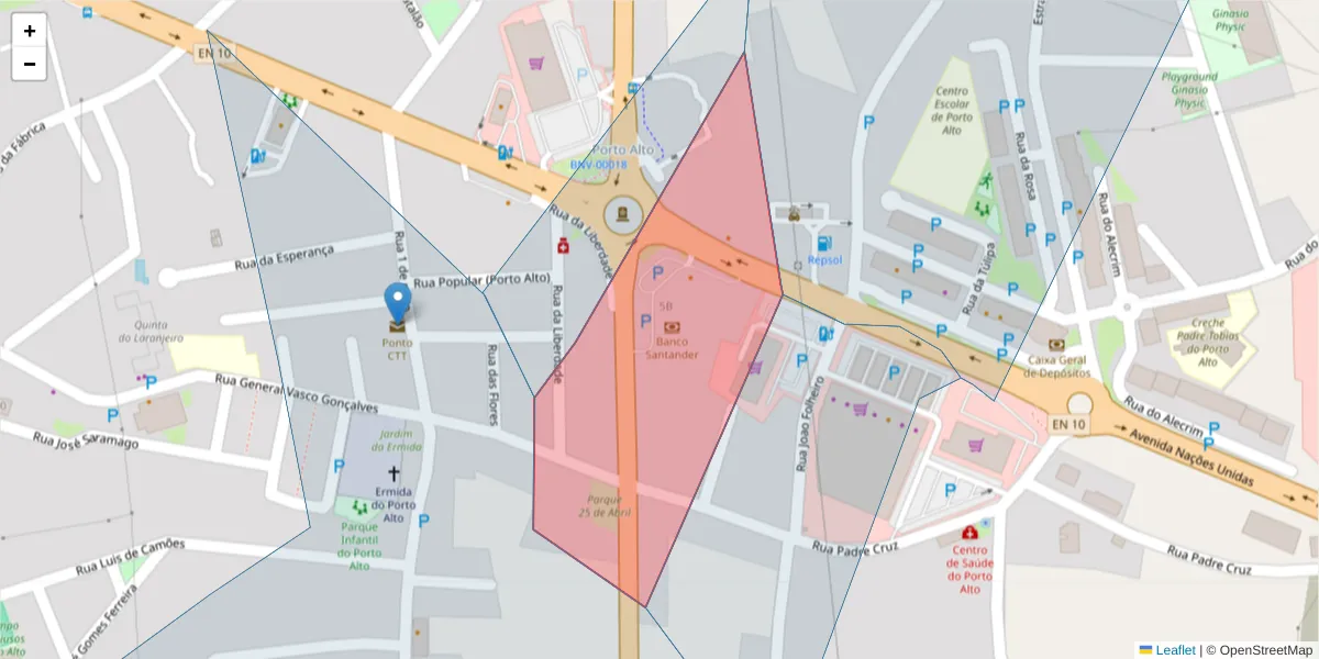 Mapa detalhado do código postal 2135-029 com limites, códigos postais vizinhos e agências dos correios