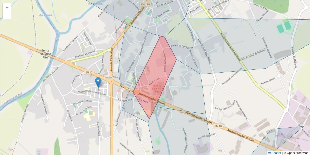 Mapa detalhado do código postal 2135-032 com limites, códigos postais vizinhos e agências dos correios