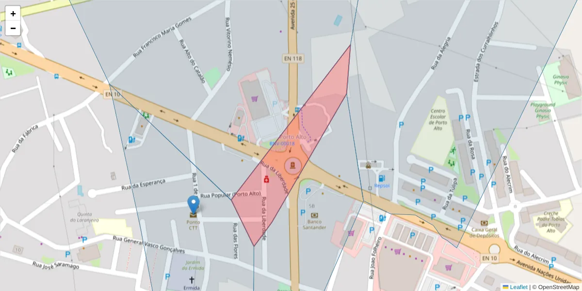 Mapa detalhado do código postal 2135-055 com limites, códigos postais vizinhos e agências dos correios