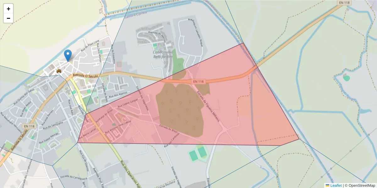 Mapa detalhado do código postal 2135-091 com limites, códigos postais vizinhos e agências dos correios