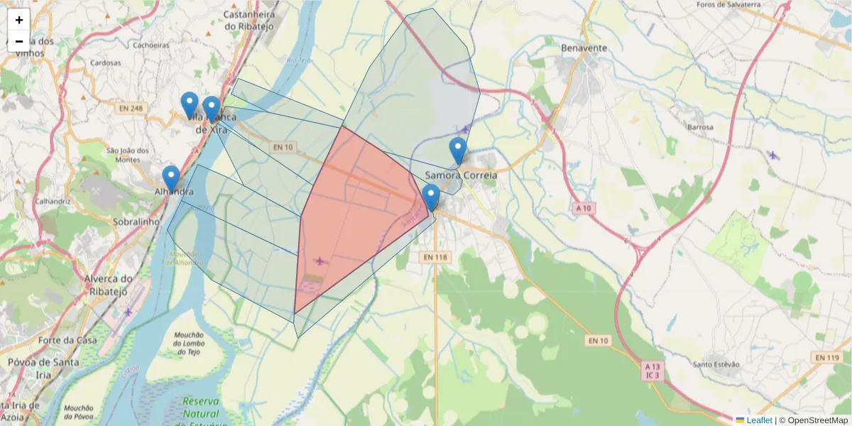 Mapa detalhado do código postal 2135-130 com limites, códigos postais vizinhos e agências dos correios