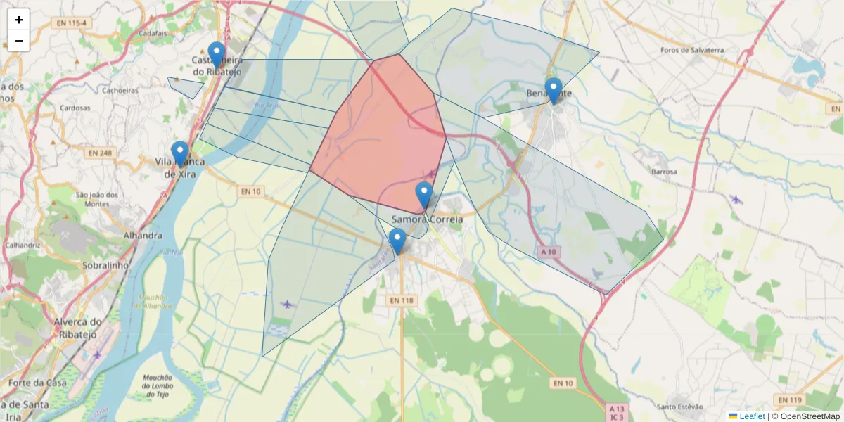 Mapa detalhado do código postal 2135-251 com limites, códigos postais vizinhos e agências dos correios