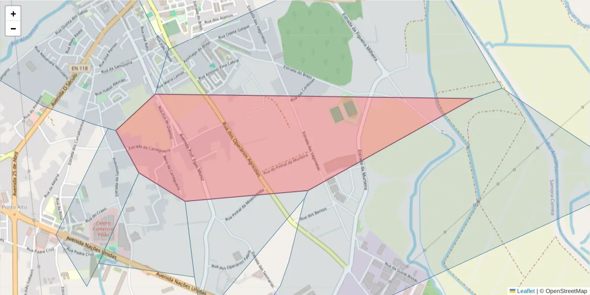 Mapa detalhado do código postal 2135-322 com limites, códigos postais vizinhos e agências dos correios