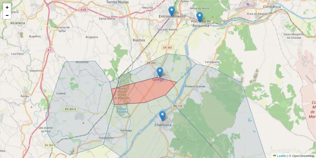 Mapa detalhado do código postal 2150-132 com limites, códigos postais vizinhos e agências dos correios
