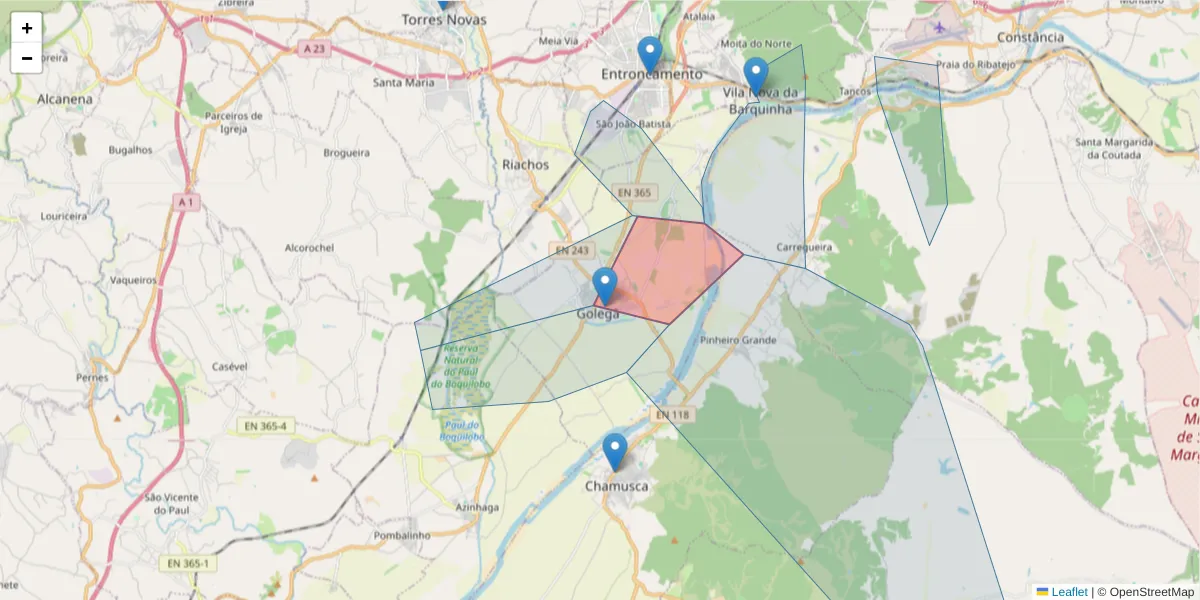 Mapa detalhado do código postal 2150-200 com limites, códigos postais vizinhos e agências dos correios