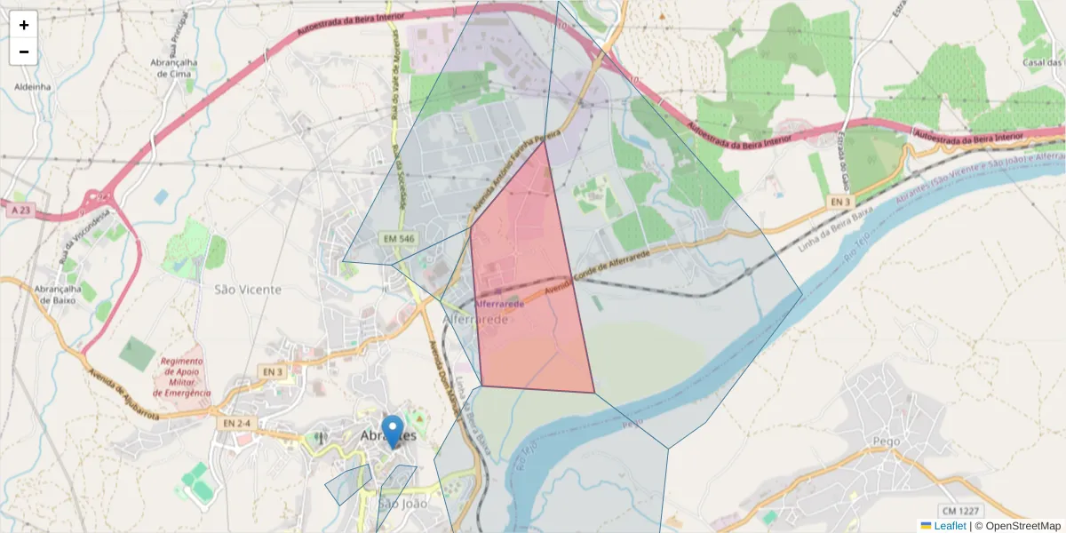 Mapa detalhado do código postal 2200-062 Abrantes com limites, códigos postais vizinhos e agências dos correios