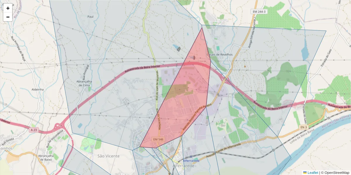 Mapa detalhado do código postal 2200-171 com limites, códigos postais vizinhos e agências dos correios