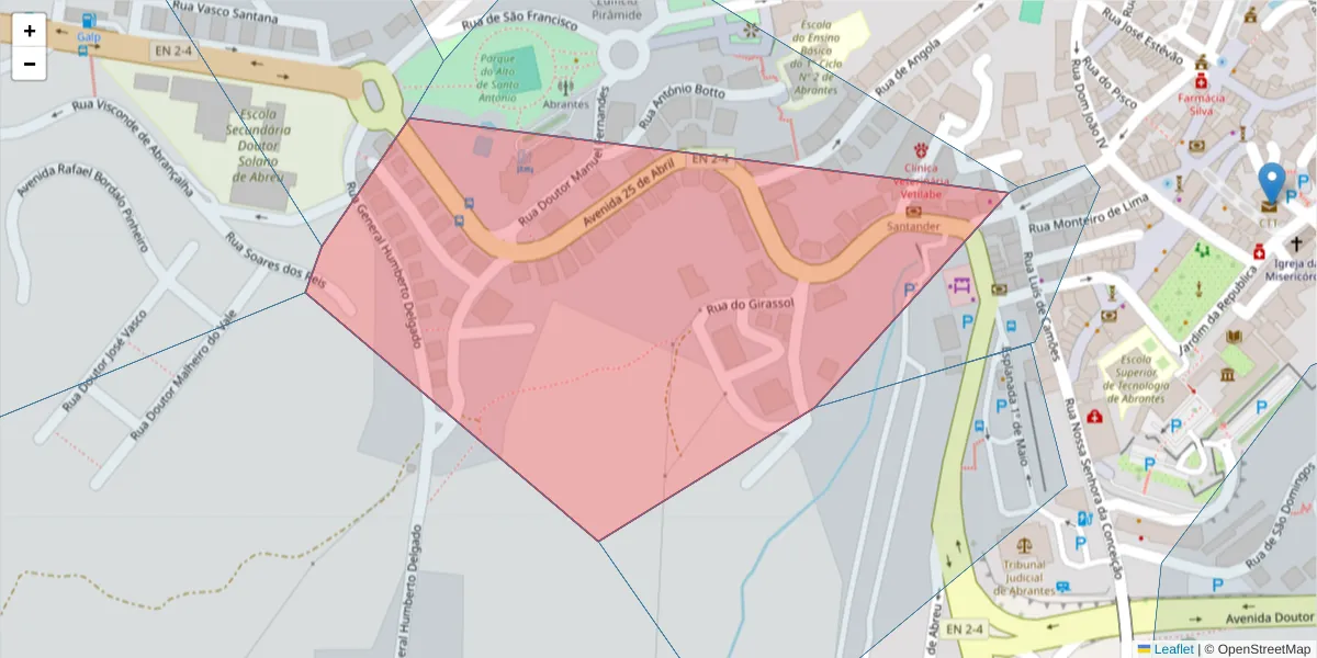 Mapa detalhado do código postal 2200-299 com limites, códigos postais vizinhos e agências dos correios