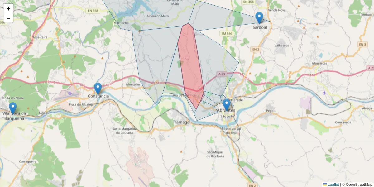 Mapa detalhado do código postal 2200-783 com limites, códigos postais vizinhos e agências dos correios