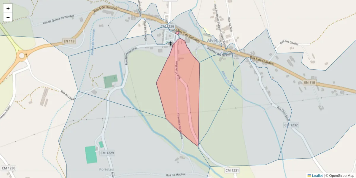 Mapa detalhado do código postal 2205-103 com limites, códigos postais vizinhos e agências dos correios