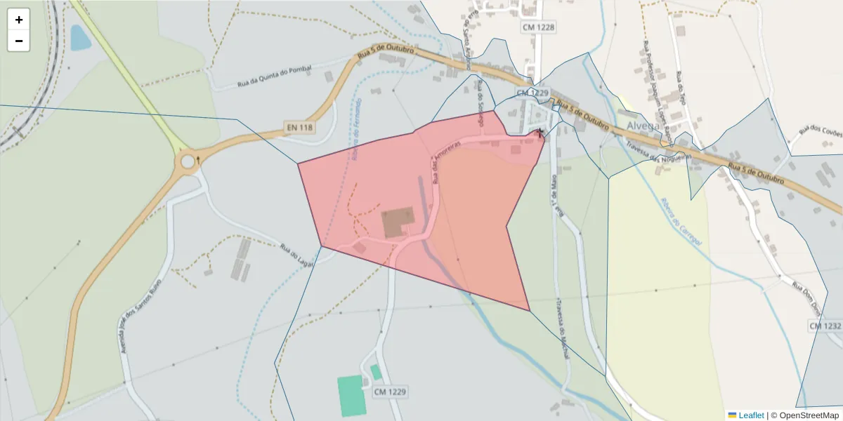 Mapa detalhado do código postal 2205-107 com limites, códigos postais vizinhos e agências dos correios