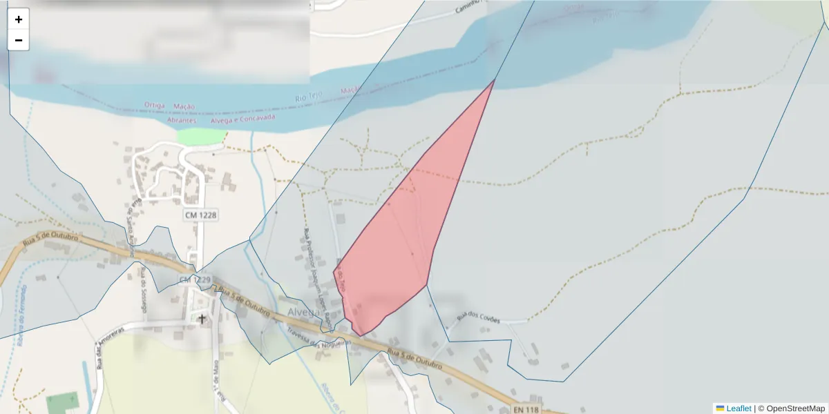 Mapa detalhado do código postal 2205-114 com limites, códigos postais vizinhos e agências dos correios