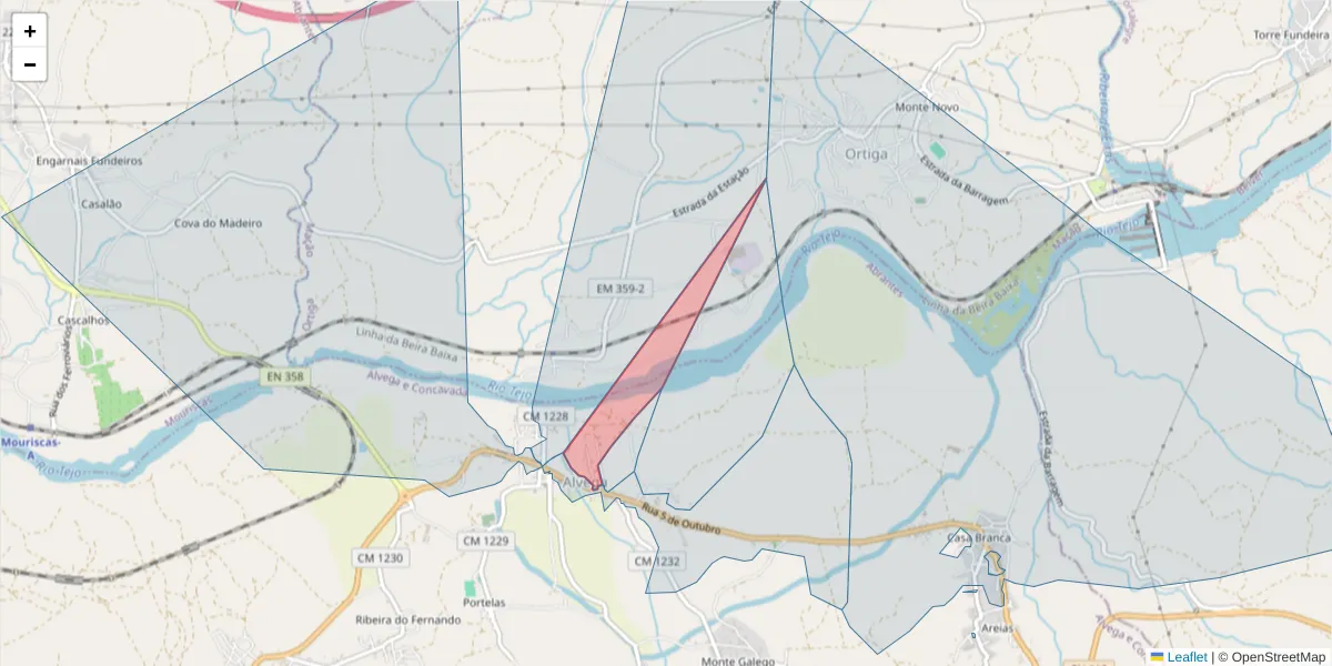 Mapa detalhado do código postal 2205-118 com limites, códigos postais vizinhos e agências dos correios