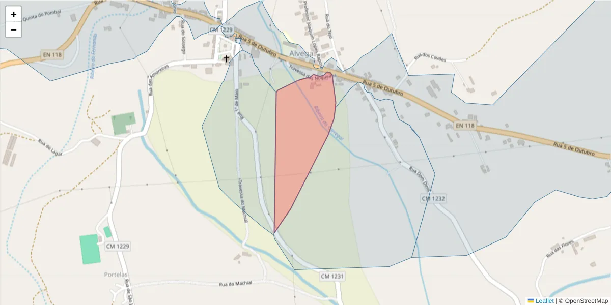 Mapa detalhado do código postal 2205-119 com limites, códigos postais vizinhos e agências dos correios