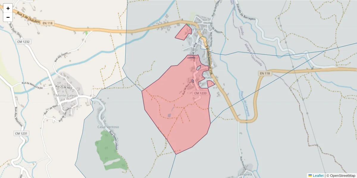 Mapa detalhado do código postal 2205-132 com limites, códigos postais vizinhos e agências dos correios