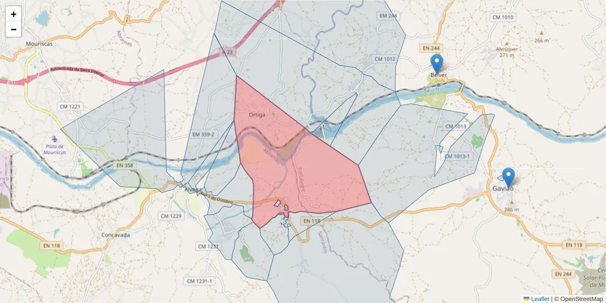 Mapa detalhado do código postal 2205-134 com limites, códigos postais vizinhos e agências dos correios