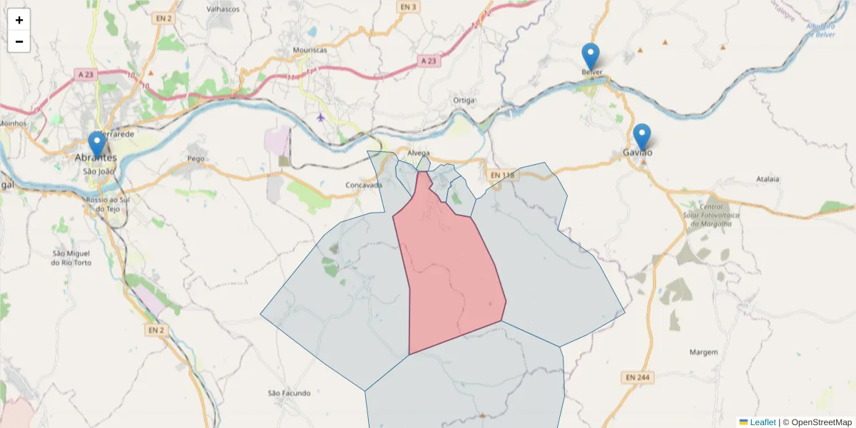 Mapa detalhado do código postal 2205-138 com limites, códigos postais vizinhos e agências dos correios