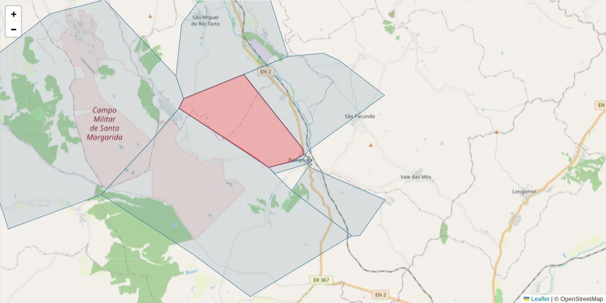 Mapa detalhado do código postal 2205-175 com limites, códigos postais vizinhos e agências dos correios