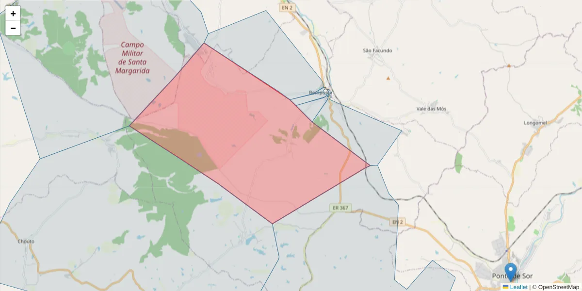 Mapa detalhado do código postal 2205-209 com limites, códigos postais vizinhos e agências dos correios