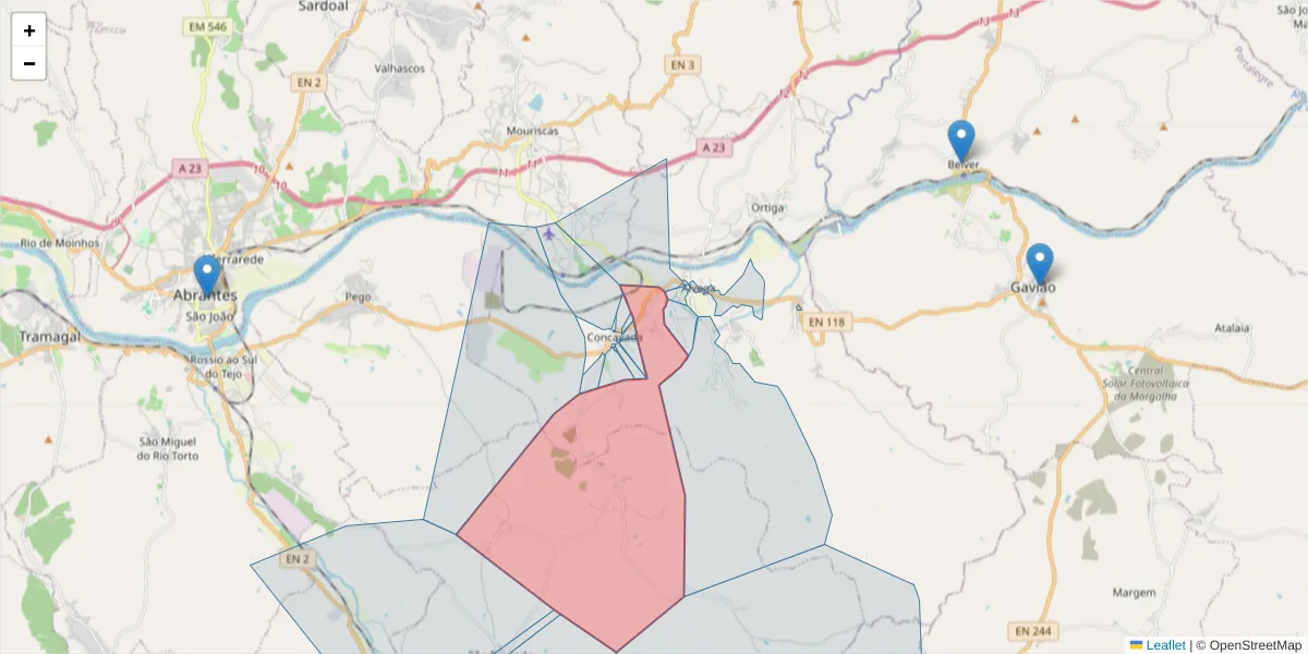 Mapa detalhado do código postal 2205-291 com limites, códigos postais vizinhos e agências dos correios