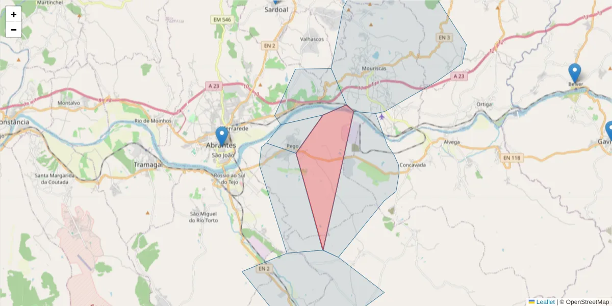 Mapa detalhado do código postal 2205-307 com limites, códigos postais vizinhos e agências dos correios