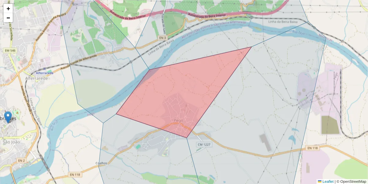 Mapa detalhado do código postal 2205-328 com limites, códigos postais vizinhos e agências dos correios