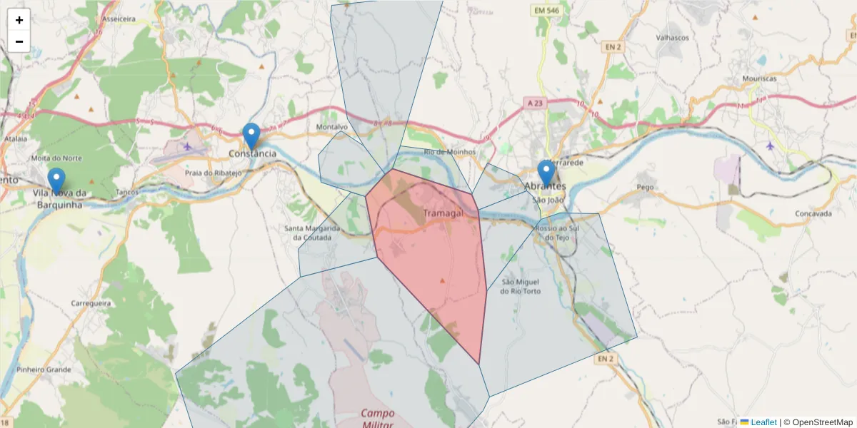 Mapa detalhado do código postal 2205-707 com limites, códigos postais vizinhos e agências dos correios
