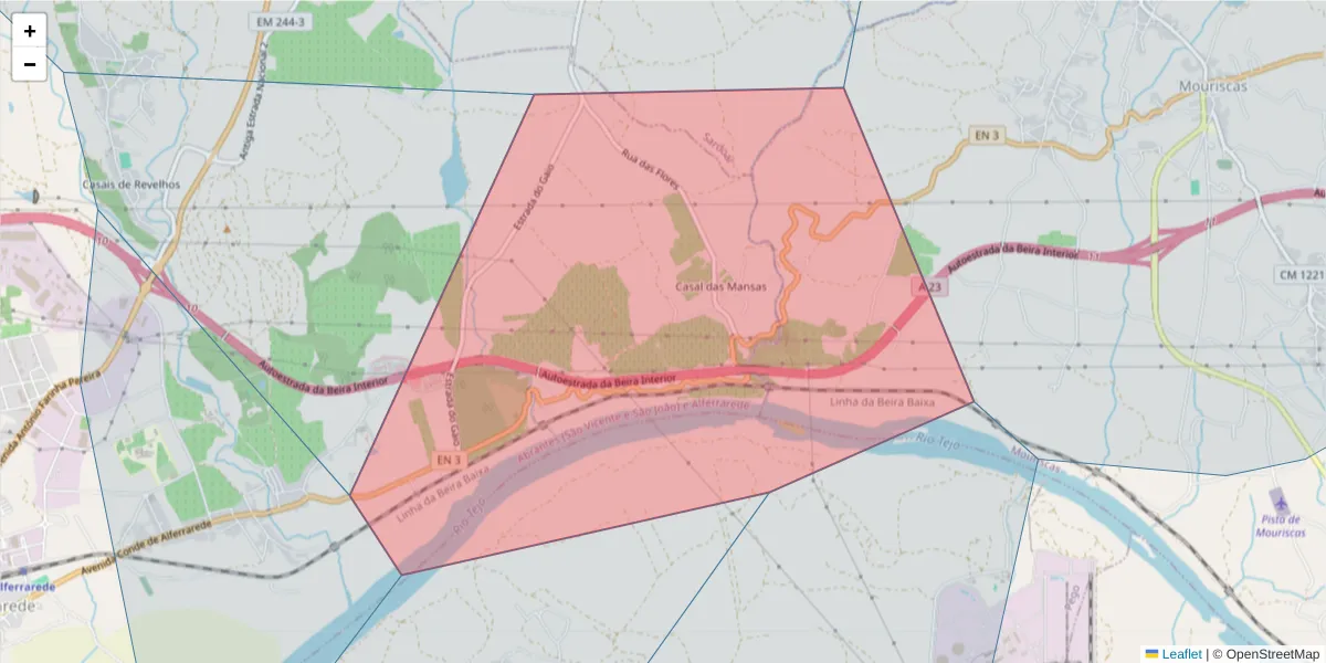 Mapa detalhado do código postal 2206-906 com limites, códigos postais vizinhos e agências dos correios