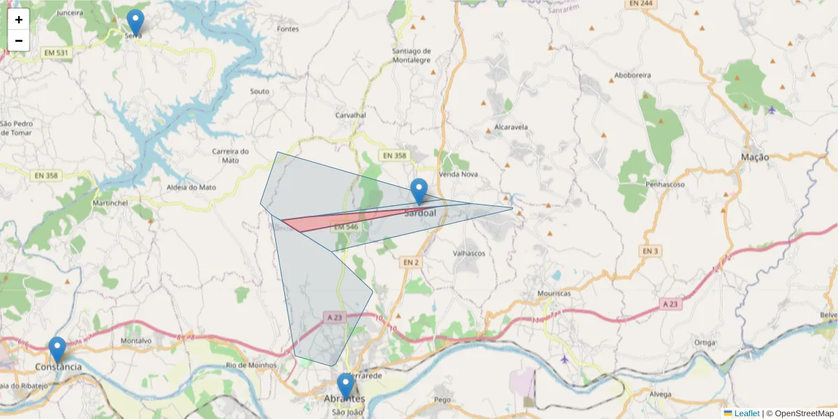 Mapa detalhado do código postal 2220 com limites, códigos postais vizinhos e agências dos correios