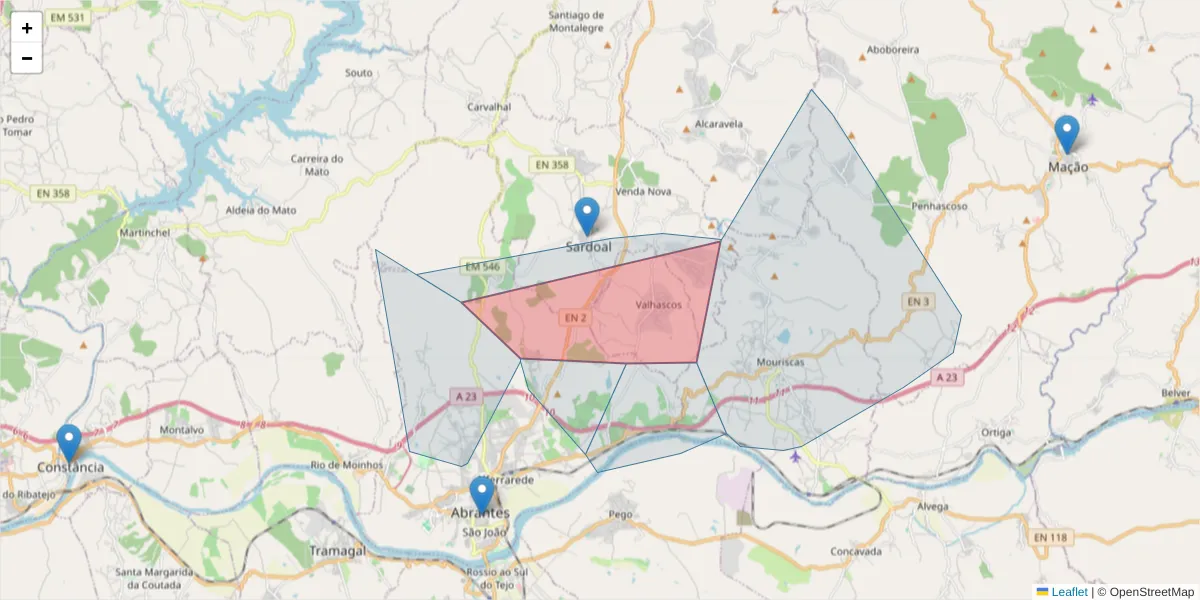 Mapa detalhado do código postal 2230-180 com limites, códigos postais vizinhos e agências dos correios