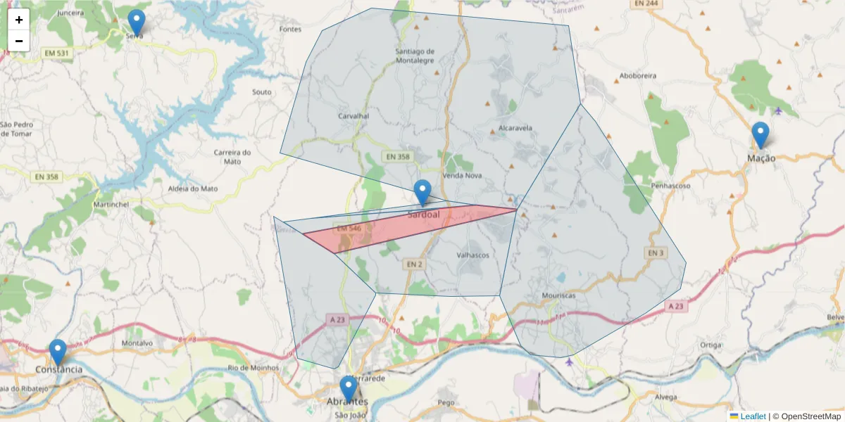 Mapa detalhado do código postal 2230-222 com limites, códigos postais vizinhos e agências dos correios