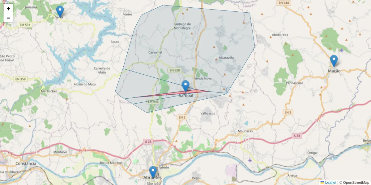 Mapa detalhado do código postal 2230-999 com limites, códigos postais vizinhos e agências dos correios