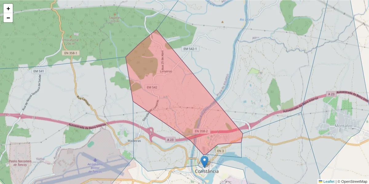 Mapa detalhado do código postal 2250-021 com limites, códigos postais vizinhos e agências dos correios