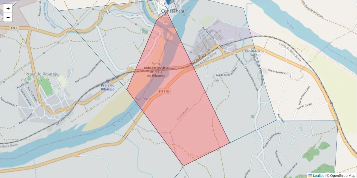 Mapa detalhado do código postal 2250-035 com limites, códigos postais vizinhos e agências dos correios