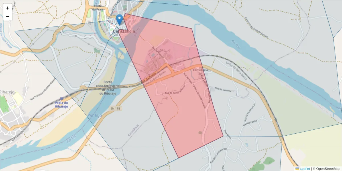 Mapa detalhado do código postal 2250-066 com limites, códigos postais vizinhos e agências dos correios