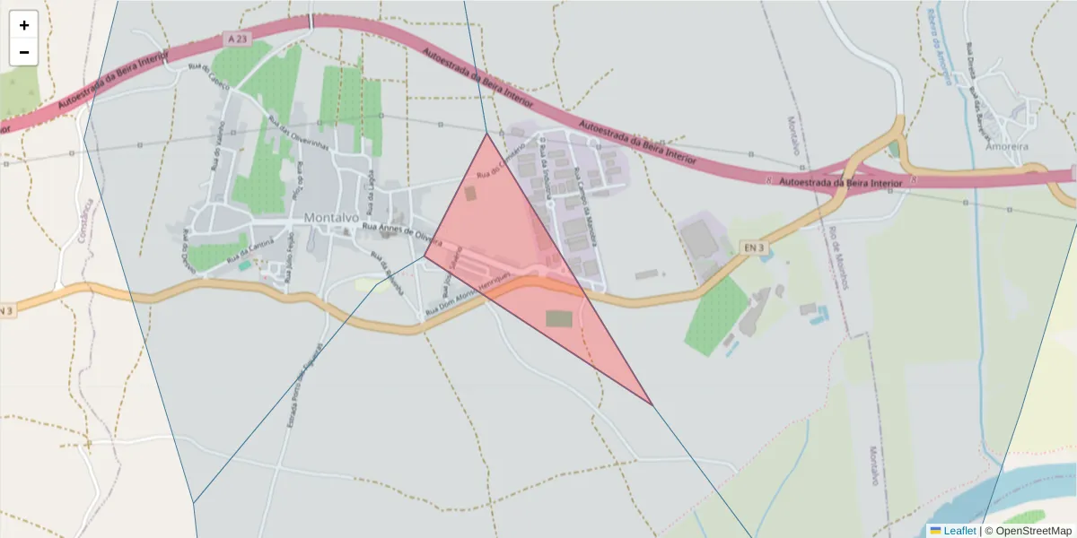 Mapa detalhado do código postal 2250-227 com limites, códigos postais vizinhos e agências dos correios