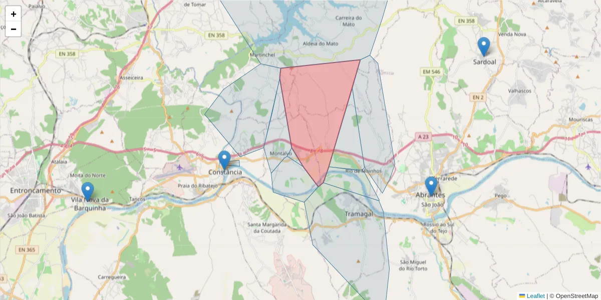Mapa detalhado do código postal 2250-273 com limites, códigos postais vizinhos e agências dos correios