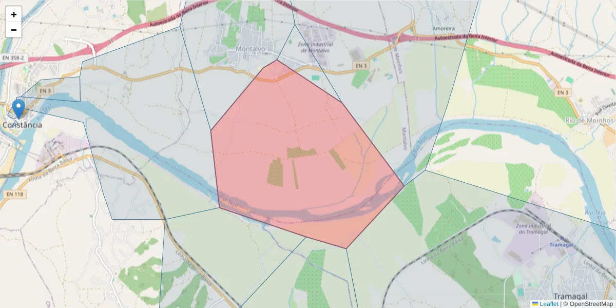 Mapa detalhado do código postal 2250-275 com limites, códigos postais vizinhos e agências dos correios