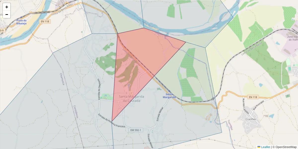 Mapa detalhado do código postal 2250-366 com limites, códigos postais vizinhos e agências dos correios
