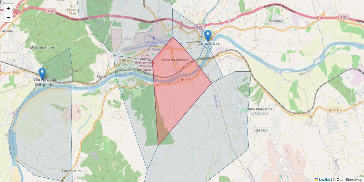 Mapa detalhado do código postal 2260-230 com limites, códigos postais vizinhos e agências dos correios