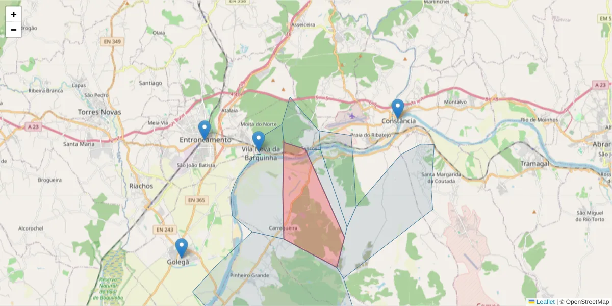 Mapa detalhado do código postal 2260-314 com limites, códigos postais vizinhos e agências dos correios