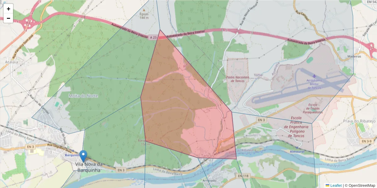 Mapa detalhado do código postal 2260-320 com limites, códigos postais vizinhos e agências dos correios