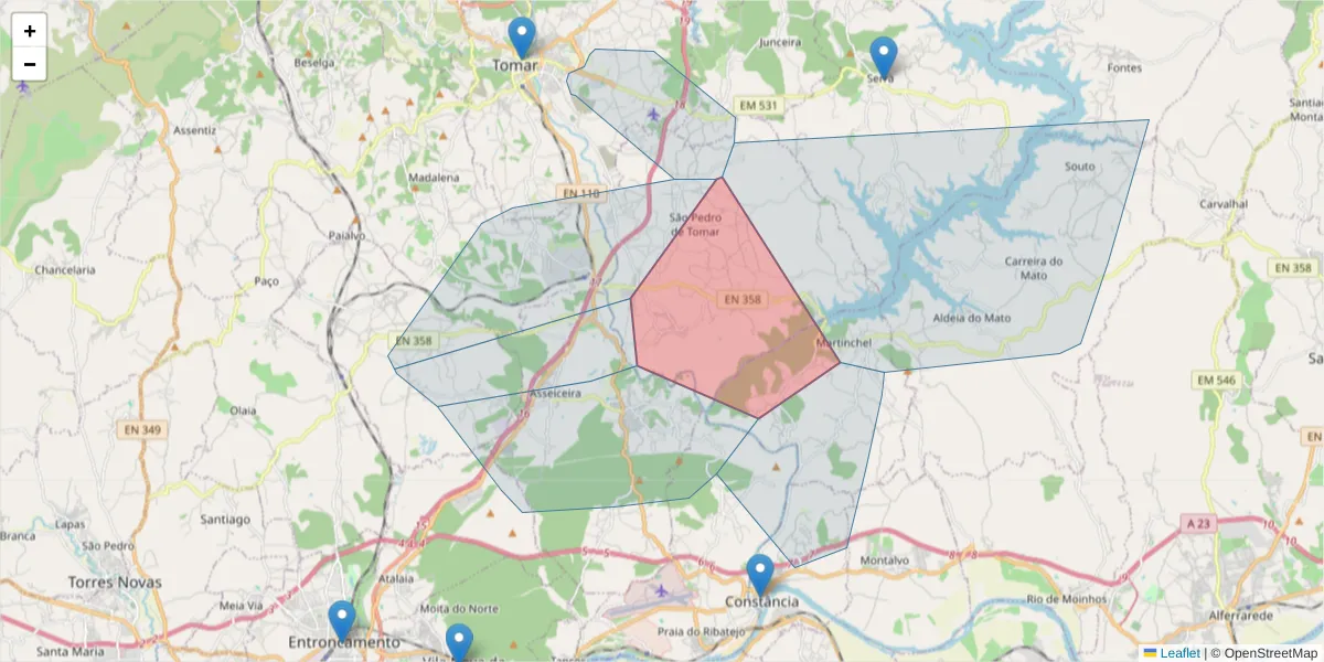 Mapa detalhado do código postal 2300-182 com limites, códigos postais vizinhos e agências dos correios