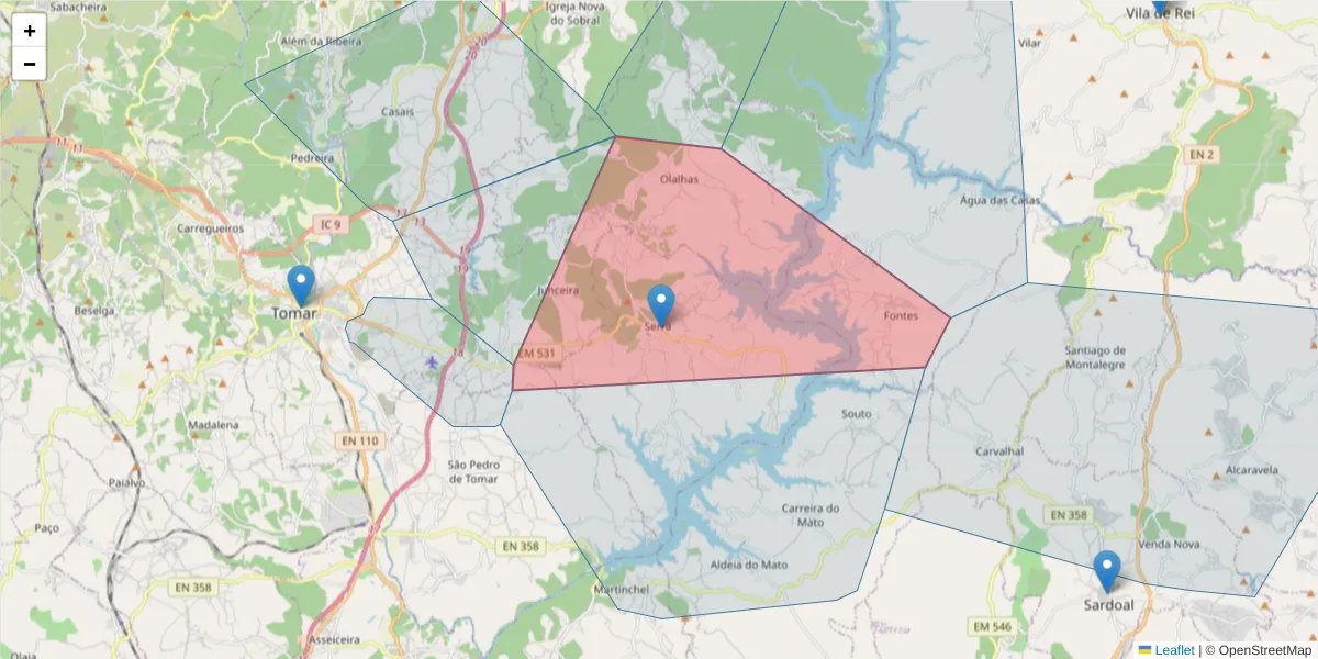 Mapa detalhado do código postal 2300-251 com limites, códigos postais vizinhos e agências dos correios