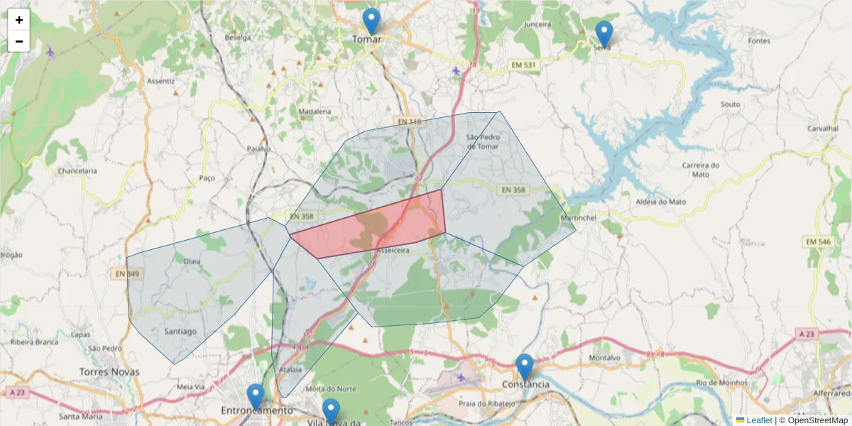 Mapa detalhado do código postal 2305-123 com limites, códigos postais vizinhos e agências dos correios