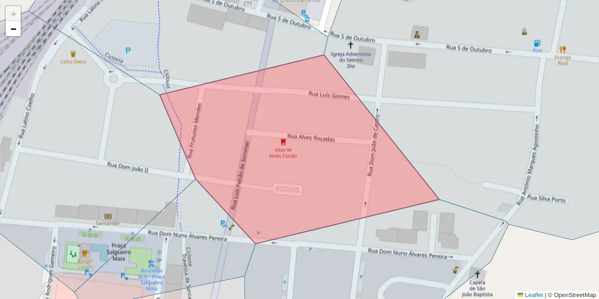 Mapa detalhado do código postal 2330-100 com limites, códigos postais vizinhos e agências dos correios