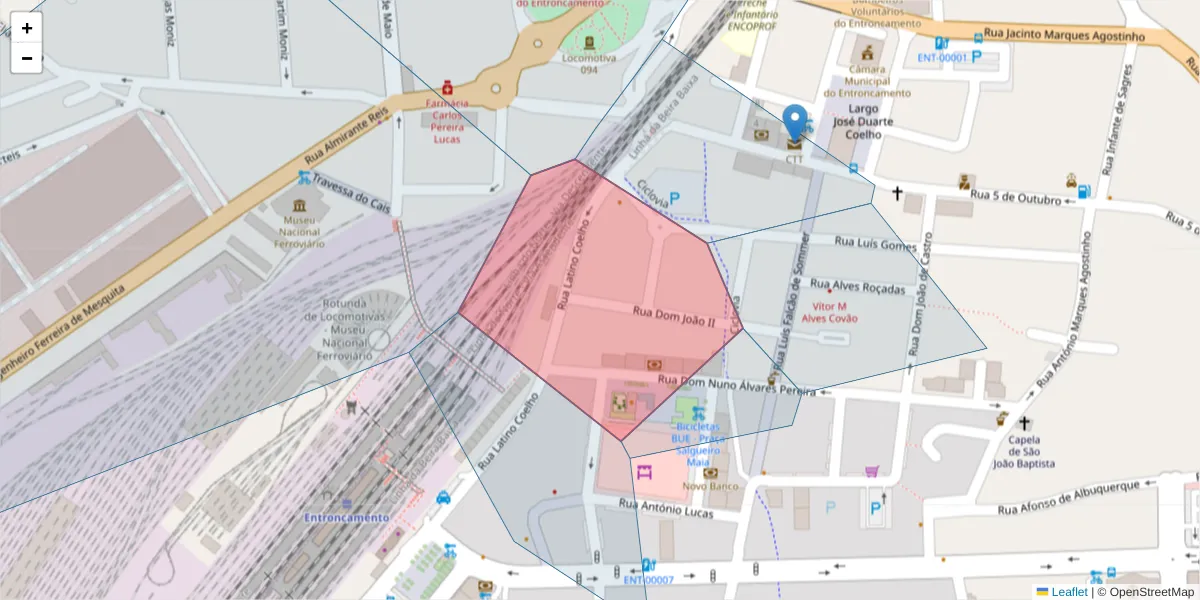 Mapa detalhado do código postal 2330-141 com limites, códigos postais vizinhos e agências dos correios