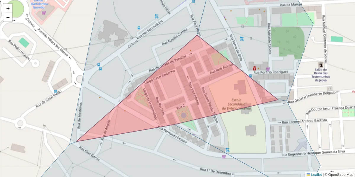 Mapa detalhado do código postal 2330-234 com limites, códigos postais vizinhos e agências dos correios