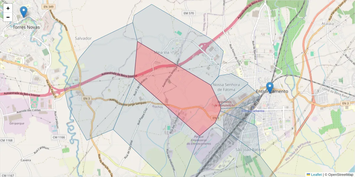 Mapa detalhado do código postal 2330-515 com limites, códigos postais vizinhos e agências dos correios