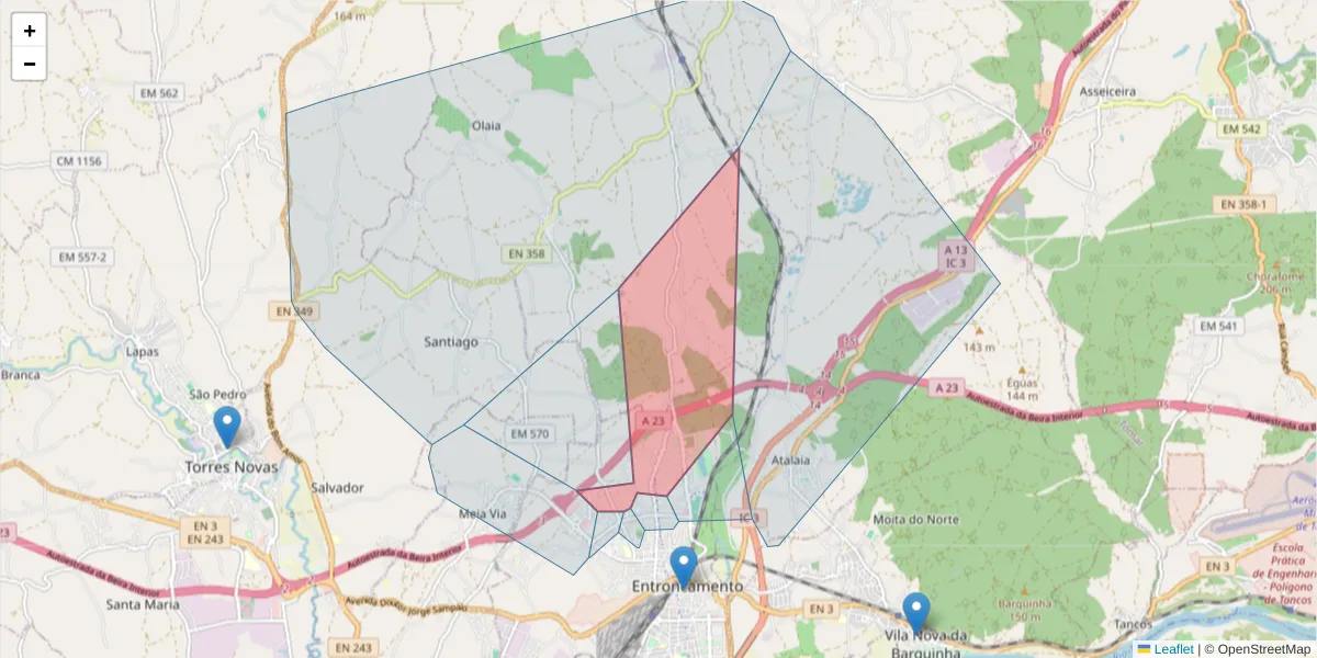 Mapa detalhado do código postal 2330 com limites, códigos postais vizinhos e agências dos correios